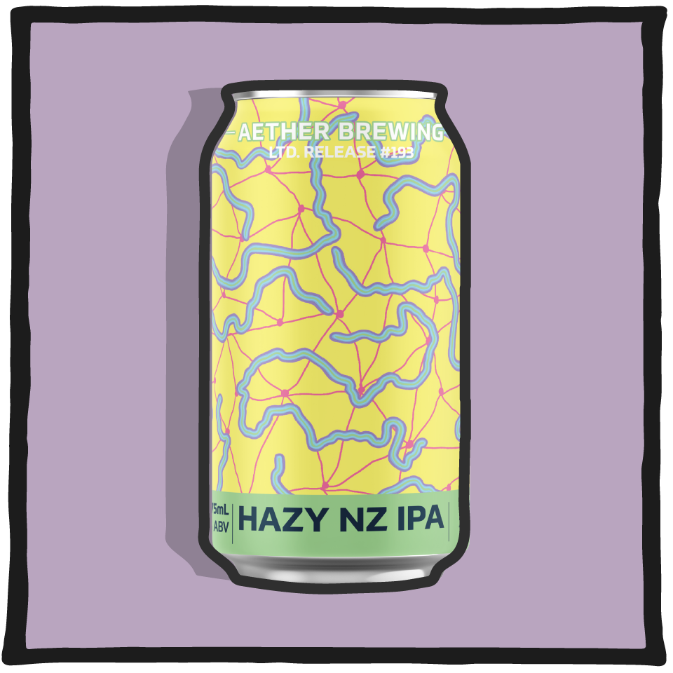 Aether Brewing Hazy NZ IPA – hazy New Zealand-style IPA brewed in Brisbane with Kiwi hops on a lavender background