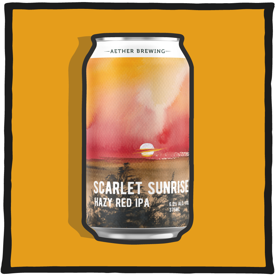 Aether Brewing Hazy Red IPA Scarlet Sunrise – Brisbane red IPA with hazy body and malt sweetness on a mustard yellow background