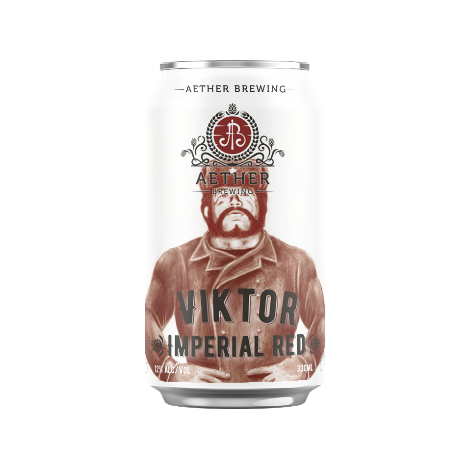Aether Brewing Viktor Imperial Red Ale – ruby red 12% Imperial Red Ale with caramel malts and citrus hops – craft beer can with label art by Australian artist Steve Falco – limited release