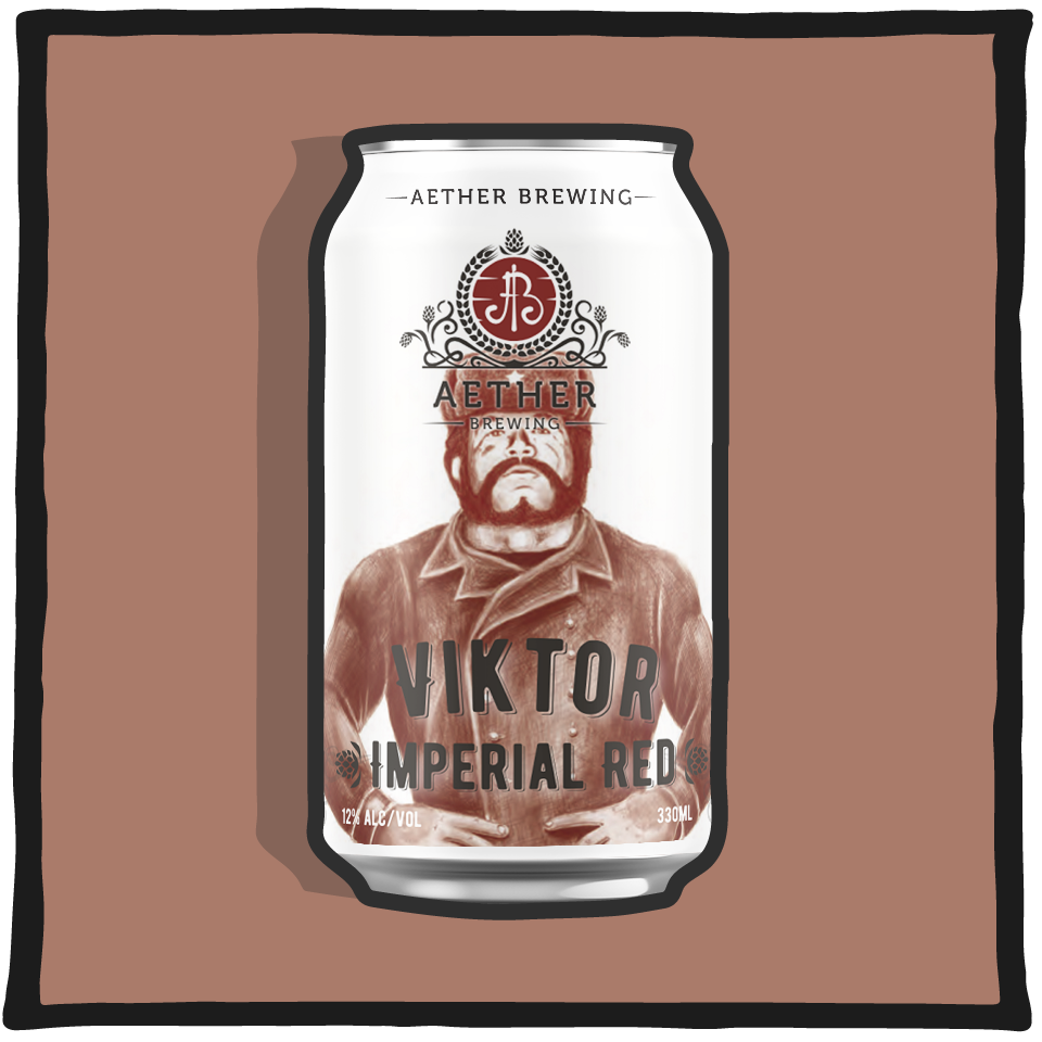 Aether Brewing Imperial Red Viktor – Brisbane imperial red ale with rich malt and hop balance on a brown background