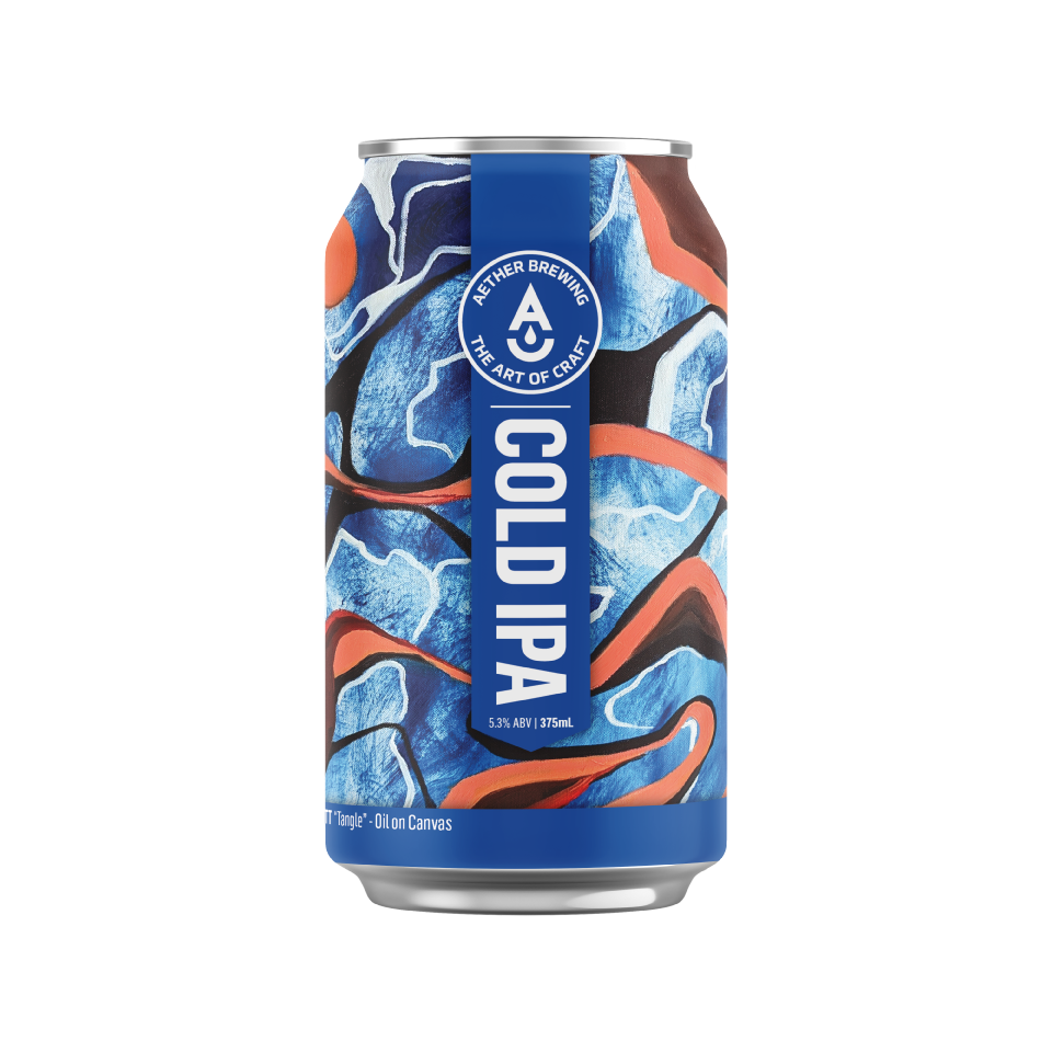 Can of Arthur Brewing Cold IPA with blue and orange design on a white background