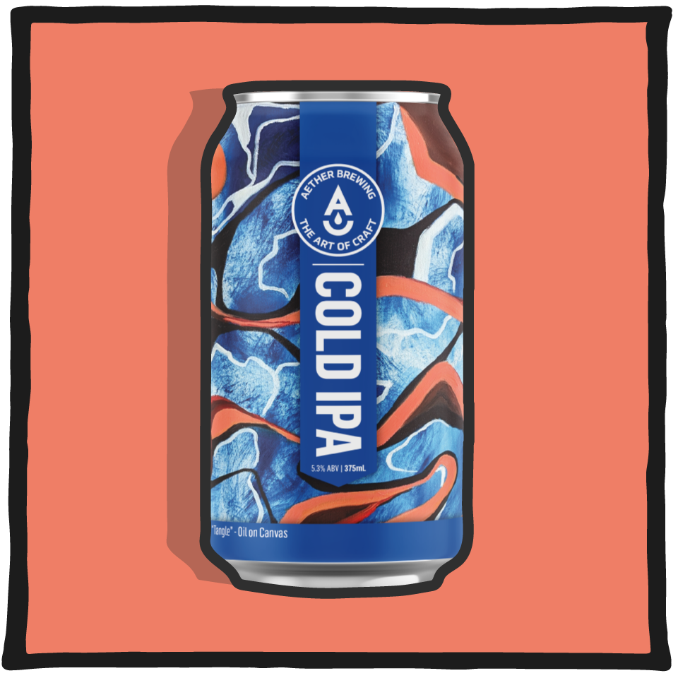 Aether Brewing Cold IPA – Brisbane Cold IPA with crisp lager finish and bright hop intensity on a coral background