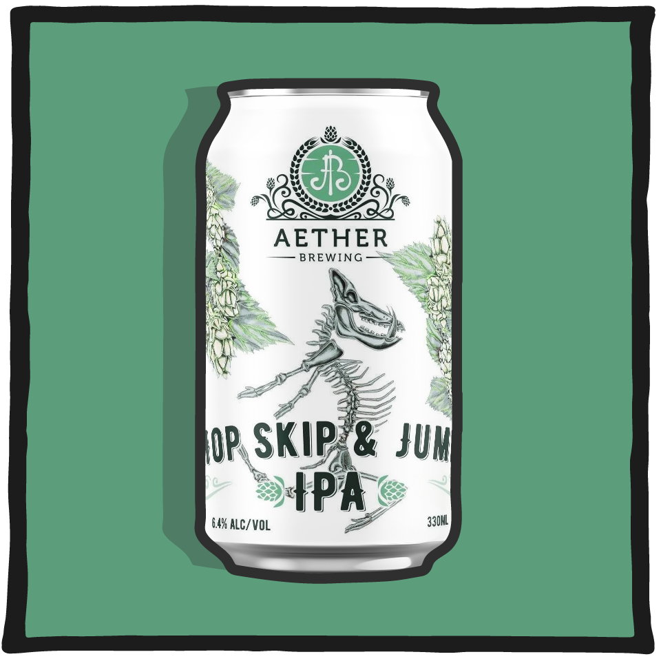 Aether Brewing IPA Hop Skip Jump V1 – Brisbane IPA with citrus and pine hop profile on a green background