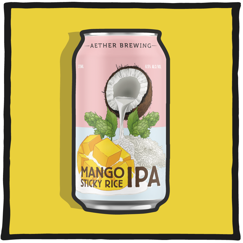 Aether Brewing IPA Mango Sticky Rice – Brisbane IPA brewed with mango and rice for a tropical dessert twist on a yellow background