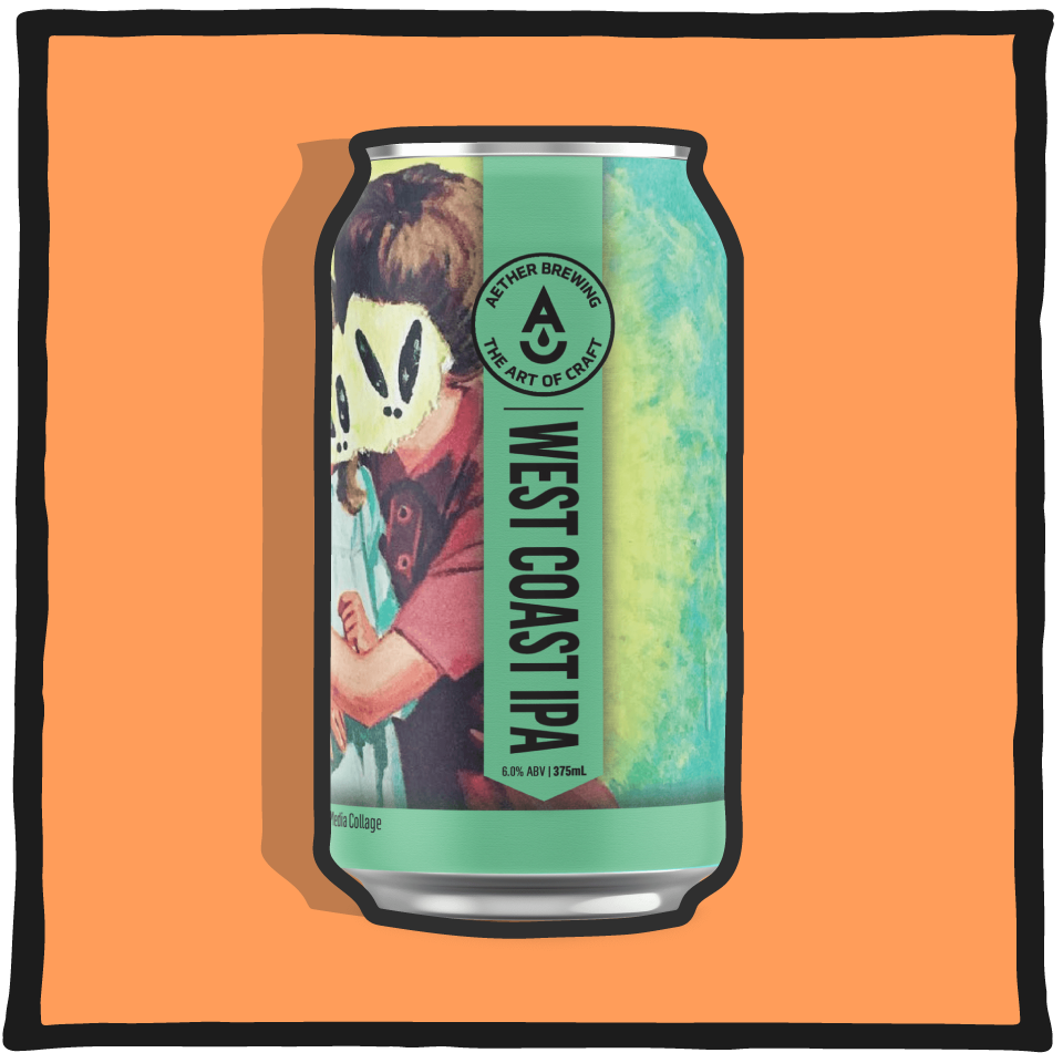 Aether Brewing West Coast IPA – Brisbane award-winning IPA with bold bitterness and citrus aroma on an orange background