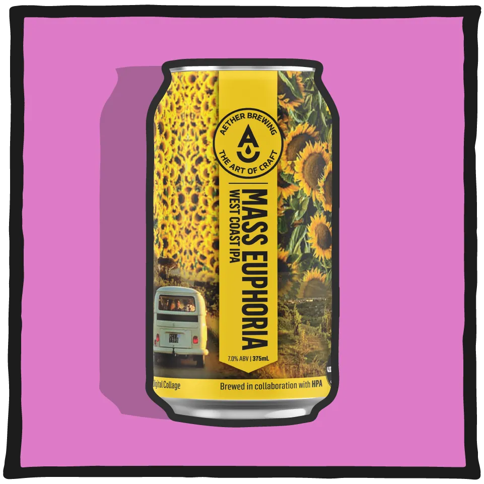 Mass Euphoria beer can by Aether Brewing Brisbane & Hop Product Australia, shown on a bright pink/purple background with a hand-drawn outline.