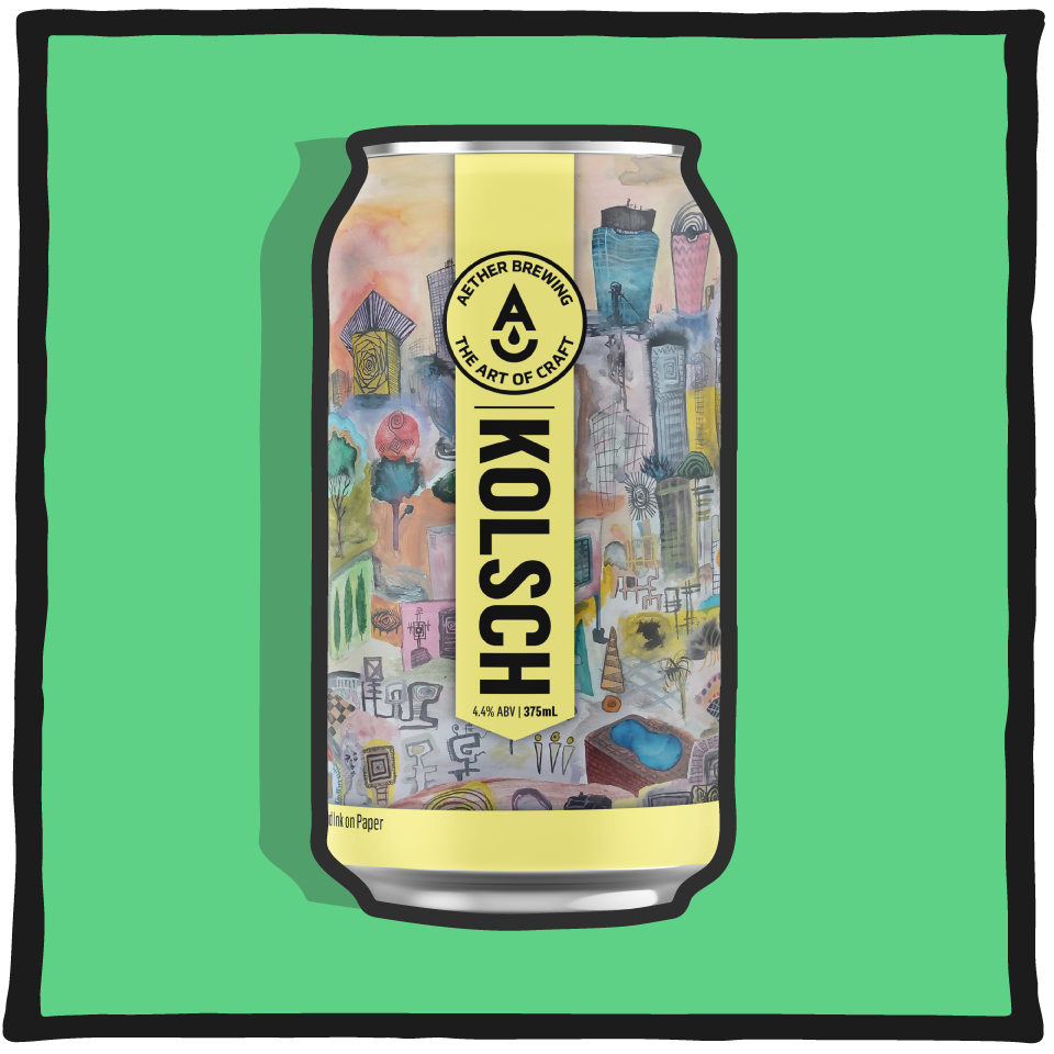 Aether Brewing Kölsch – Brisbane Kölsch-style ale with light malt and floral hops on a lime green background