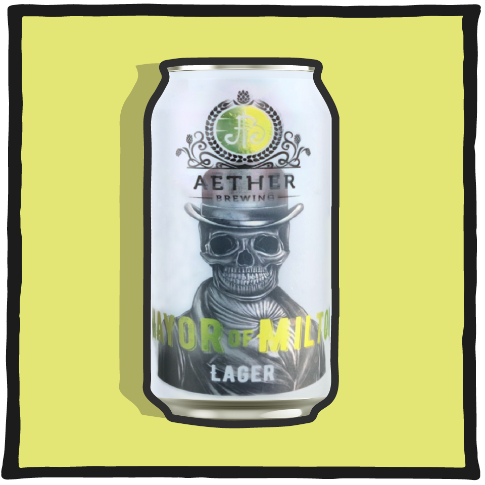 Aether Brewing Lager Mayor Milton V1 – Brisbane craft lager brewed for Milton with clean, crisp finish on a pale yellow background