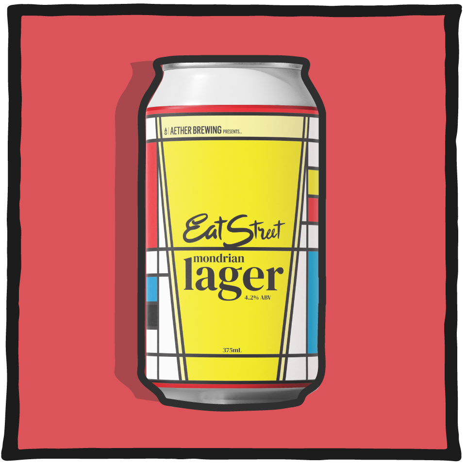 Aether Brewing Lager Mondrian Eat Street – Brisbane lager brewed for Eat Street with light malt body on a red background