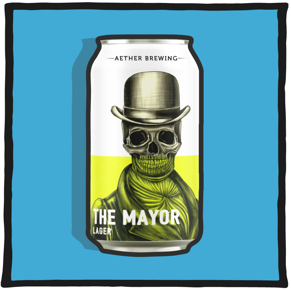 Aether Brewing Lager The Mayor V2 – Brisbane lager with crisp flavour and easy-drinking balance on a blue background