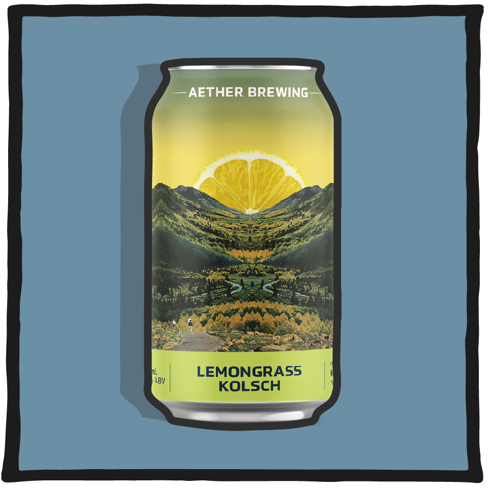 Aether Brewing Lemongrass Kölsch – Brisbane Kölsch brewed with lemongrass for citrus freshness on a pale green background