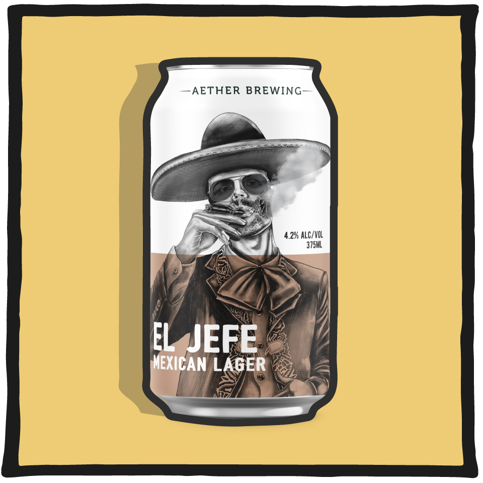 Aether Brewing El Jefe Mexican Lager  – Brisbane Mexican-style lager brewed with smooth malt and lime zest on a tan background