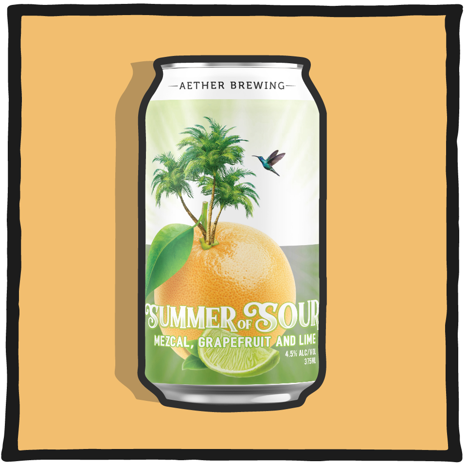 Aether Brewing Mezcal Grapefruit Lime Sour – Brisbane craft sour beer brewed with mezcal, grapefruit and lime flavours on a yellow background