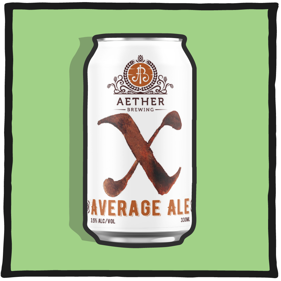 Aether Brewing Mid-Strength Average Ale – easy-drinking Brisbane mid-strength ale with balanced malt and hops on a red background
