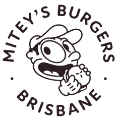 A black circular logo illustration of Mitey's Burgers Brisbane on a transparent background.