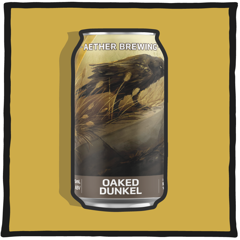 Aether Brewing Oaked Dunkel – oak-aged Brisbane dark lager with caramel and malt sweetness on a gold background