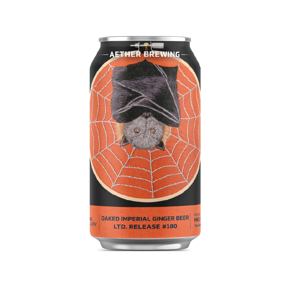 Aether Brewing Oaked Imperial Ginger Beer – sweet spicy smooth imperial ginger beer – craft beer can with hand embroidery by best Australian artist Melissa Madigan, Queensland – limited edition Australian ginger beer