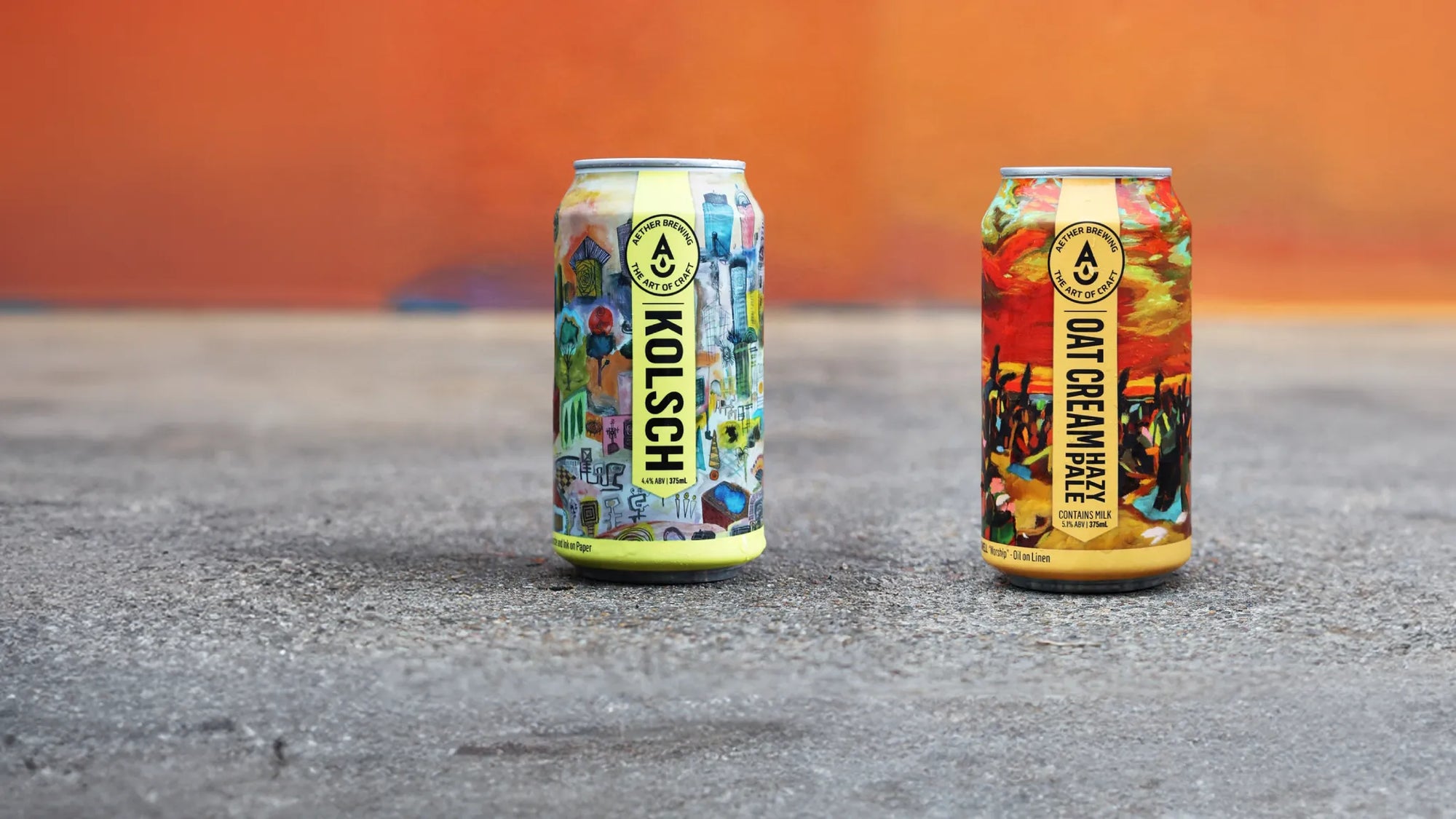Australian limited edition beers Kolsch and Oat Cream Hazy Pale Ale from Aether Brewing. Bold art cans, all-natural Brisbane craft beer.