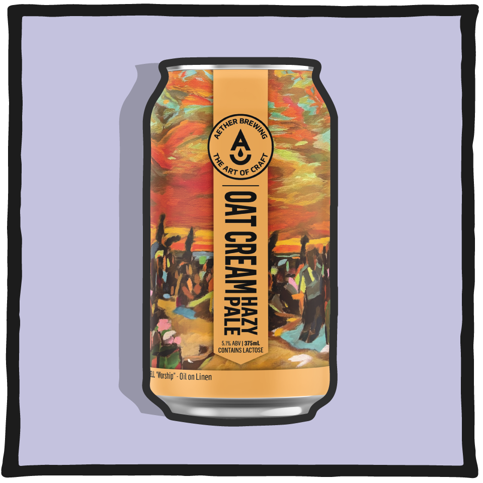 Aether Brewing Oat Cream Hazy Pale Ale – Brisbane hazy pale ale with oat cream texture and tropical hop flavour on a purple background