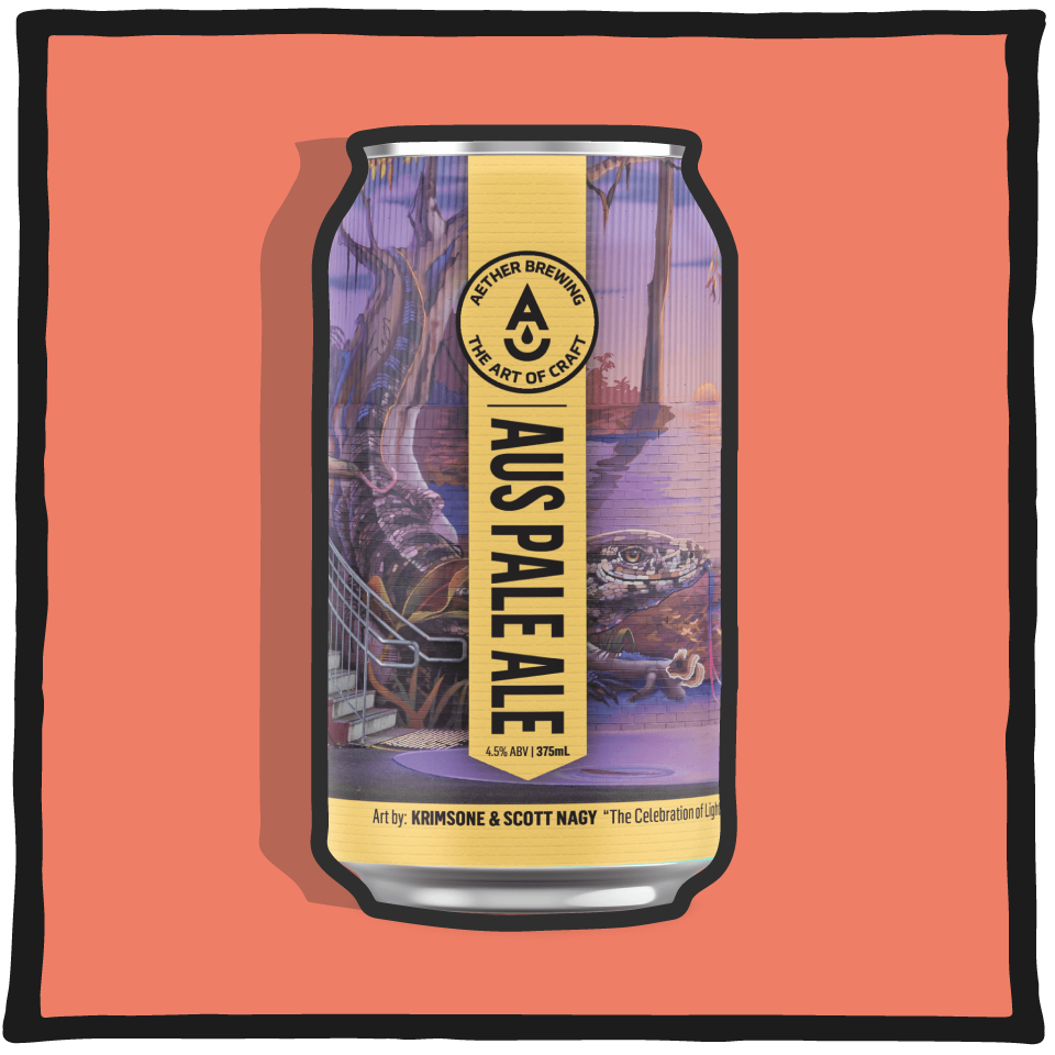Aether Brewing Australian Hazy Pale Ale V2 – hazy Brisbane pale ale with Australian hops and juicy flavour on a coral red background