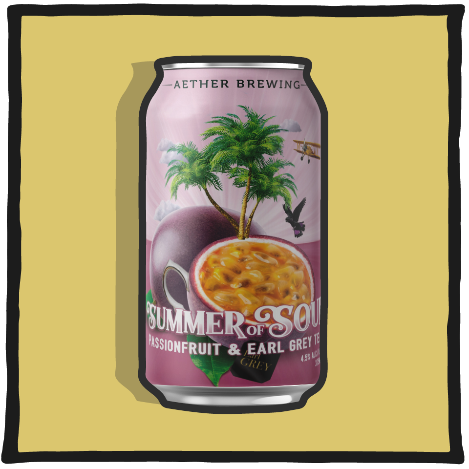 Aether Brewing Passionfruit Earl Grey Sour – Brisbane sour ale brewed with passionfruit and Earl Grey tea on a yellow background