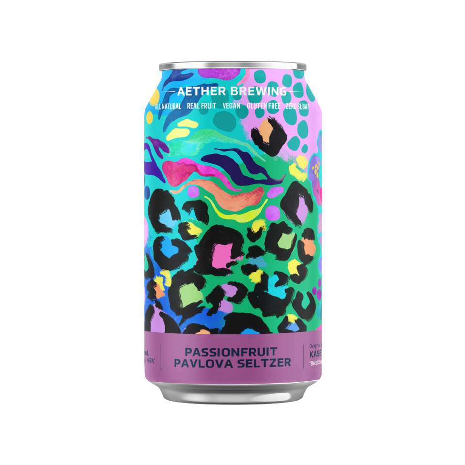 Aether Brewing Passionfruit Pavlova Seltzer – fruity refreshing hard seltzer – craft beer can with digital art by best Australian artist Kasey Rainbow, Queensland – limited edition Australian hard seltzer