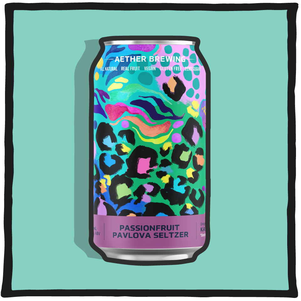 Aether Brewing Passionfruit Pavlova Seltzer – Brisbane alcoholic seltzer inspired by pavlova with passionfruit flavour on a teal background