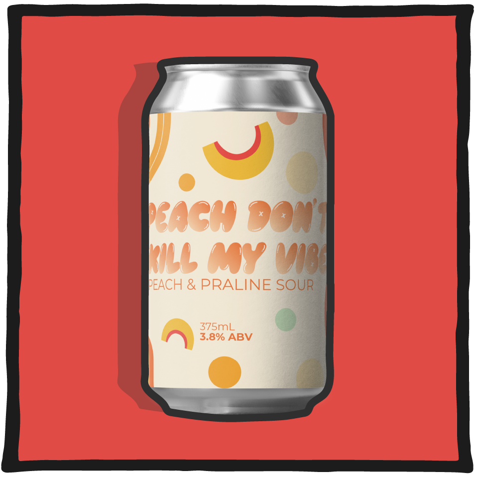 Aether Brewing Peach Don’t Kill My Vibe – Brisbane peach and praline sour beer collaboration with The Wood Bar & Bottleshop Mitchelton on a coral background