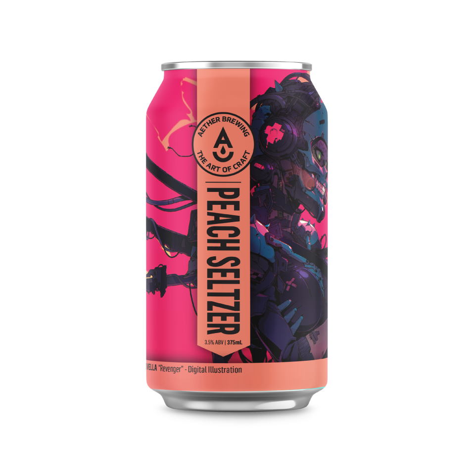 Aether Brewing Peach Seltzer – crisp peach hard seltzer – craft beer can with digital illustration by best Australian artist Sheldon Vella, Victoria – limited edition Australian hard seltzer