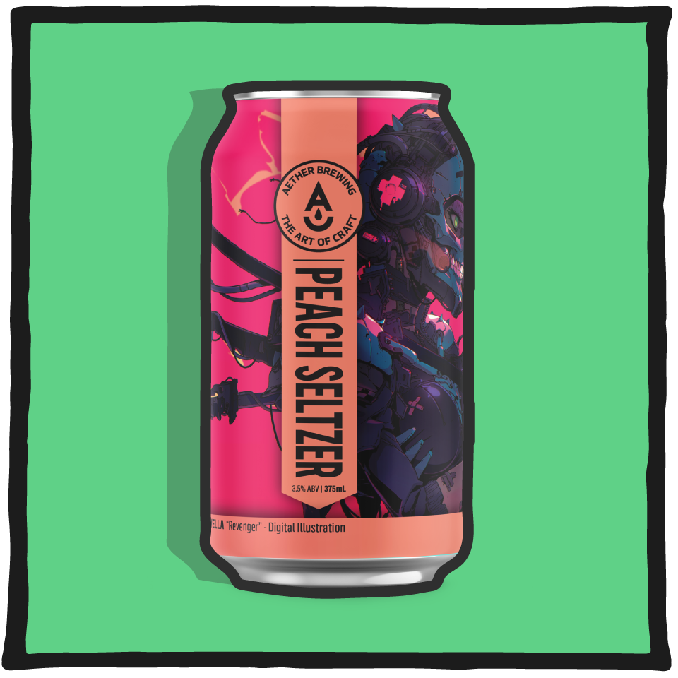 Aether Brewing Peach Seltzer – Brisbane peach-flavoured alcoholic seltzer on a green background
