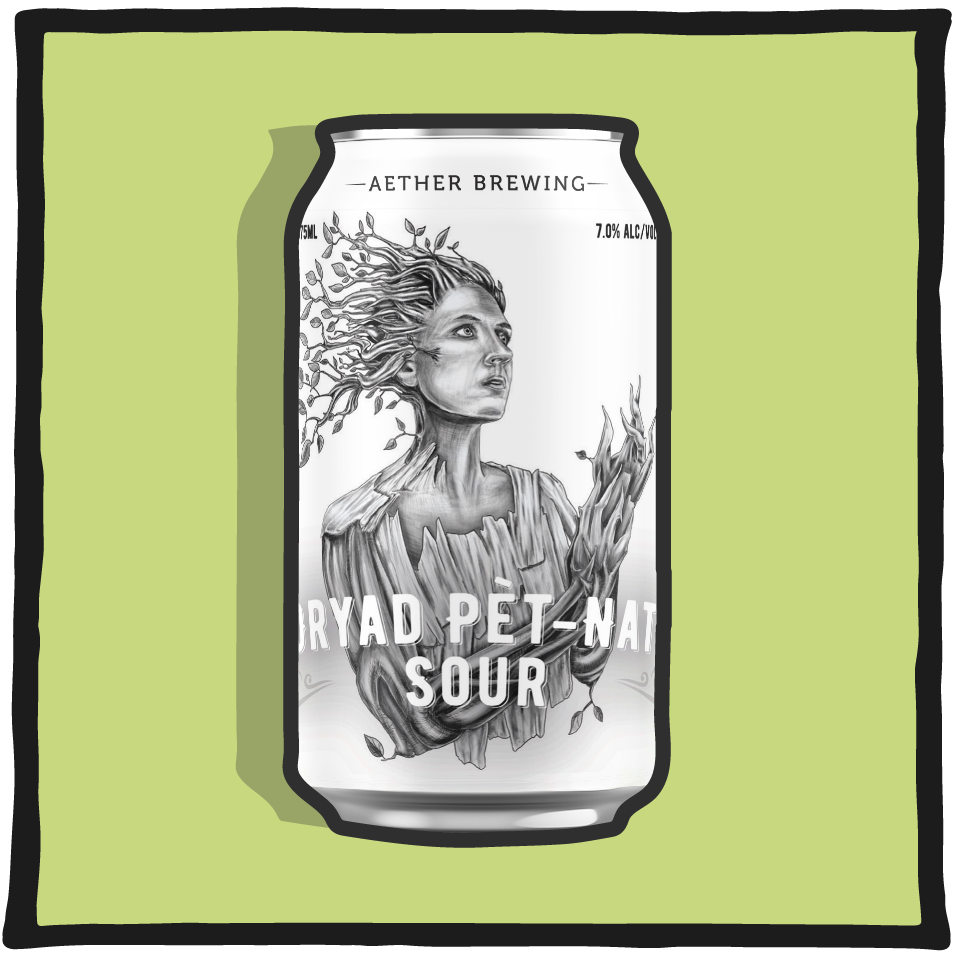 Aether Brewing Pet Nat Sour Dryad – Brisbane Pet Nat sour beer with bright acidity and subtle fruit notes on a pale green background