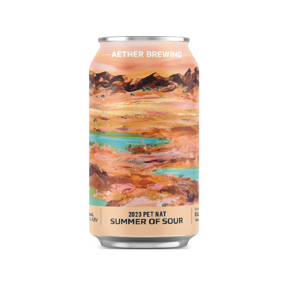 Aether Brewing Pét-Nat Sour – peach apple passionfruit pét-nat sour – craft beer can with acrylic on canvas art by best Australian artist Elle Pervez, Victoria – limited edition Australian sour beer