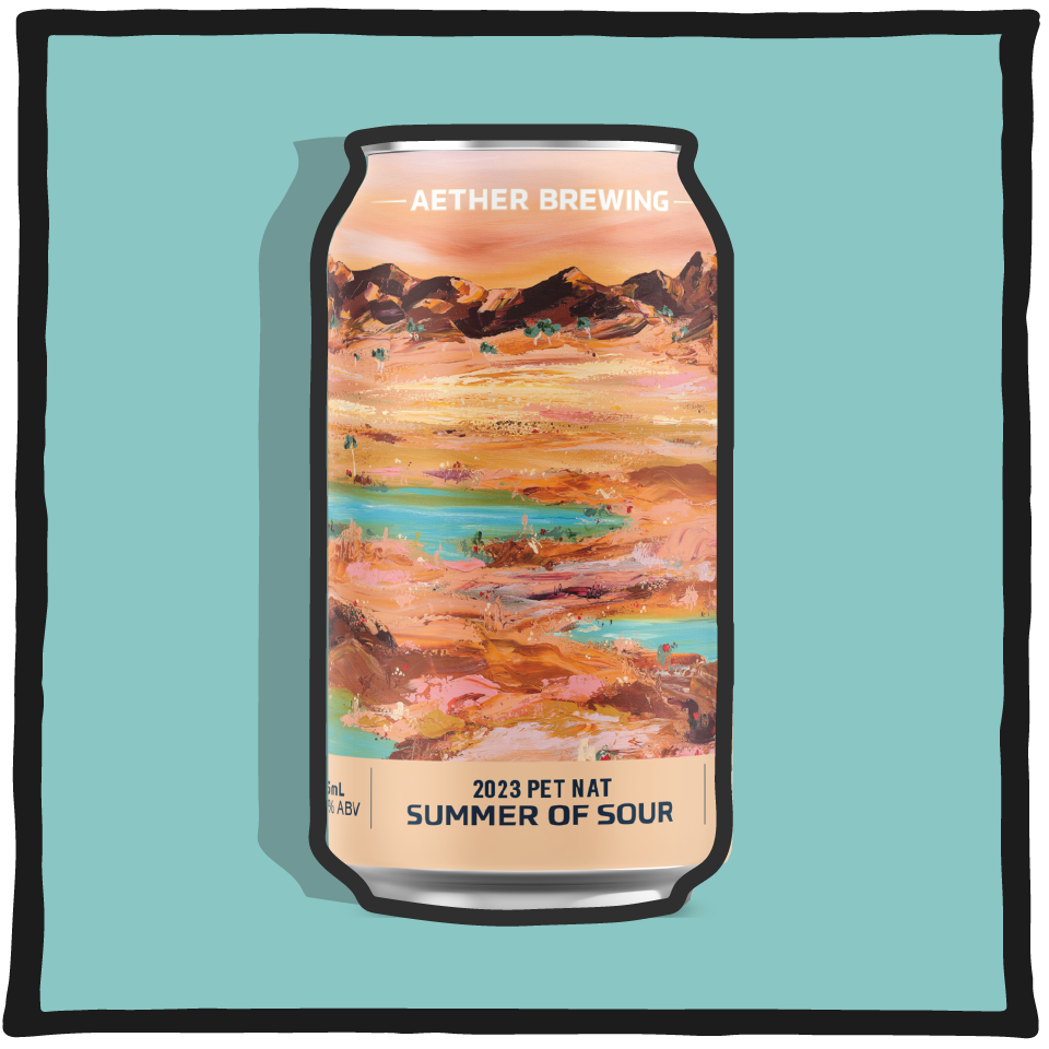 Aether Brewing Pet Nat Sour – Brisbane naturally carbonated sour beer with crisp acidity and subtle fruit notes on a teal background