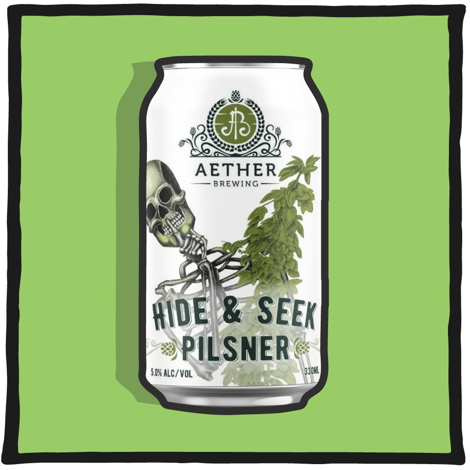 Aether Brewing Pilsner Hide & Seek – Brisbane craft pilsner with clean finish and herbal hops on a green background