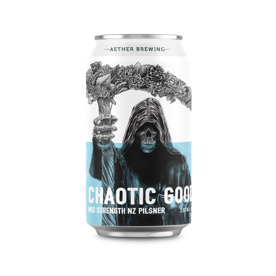 Aether Brewing Chaotic Good – mid-strength NZ pilsner – craft beer can with digital illustration by best Australian artist Steve Falco, Queensland – limited edition Australian pilsner