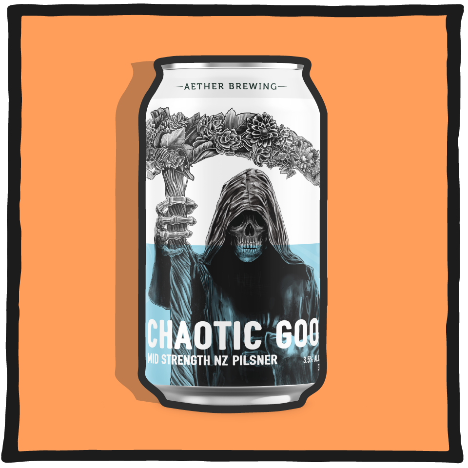 Aether Brewing Pilsner Mid Chaotic Good – Brisbane pilsner with balanced malt sweetness and light bitterness on an orange background