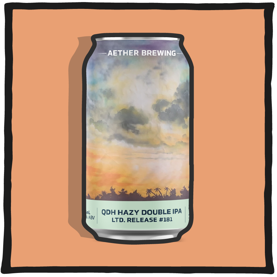 Aether Brewing QDH Hazy Double IPA – Brisbane double IPA double dry-hopped with tropical fruit aroma on a peach background