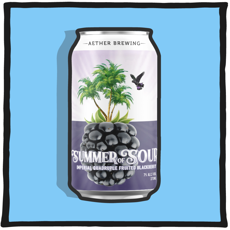 Aether Brewing Quad Fruited Sour Blackberry – Brisbane sour beer with four types of fruit including blackberry on a teal background