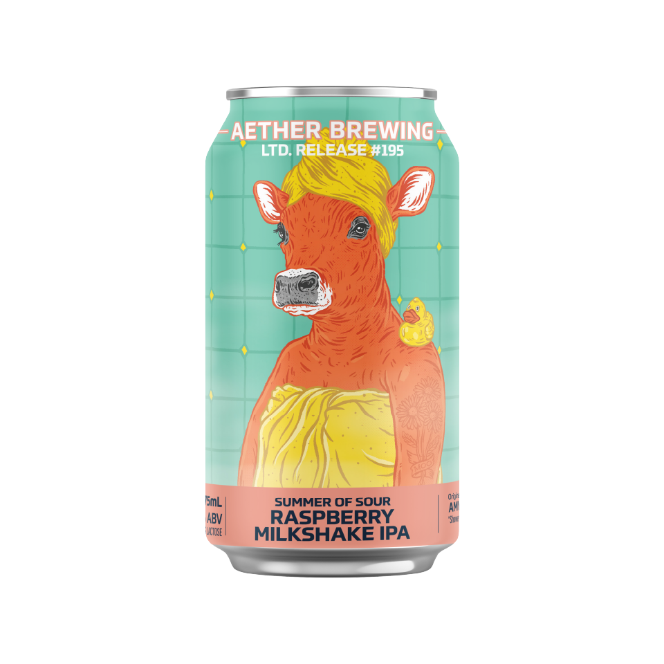 Aether Brewing Sour Raspberry Milkshake IPA – tart fruity smooth milkshake IPA – craft beer can with digital illustration by best Australian artist Amy Slatem, New South Wales – limited edition Australian IPA