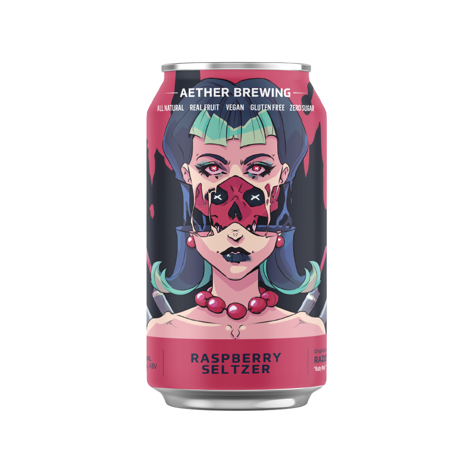 Aether Brewing Raspberry Seltzer – fruity tart refreshing hard seltzer – craft beer can with digital art by best Australian artist Razorfloyd, Queensland – limited edition Australian hard seltzer