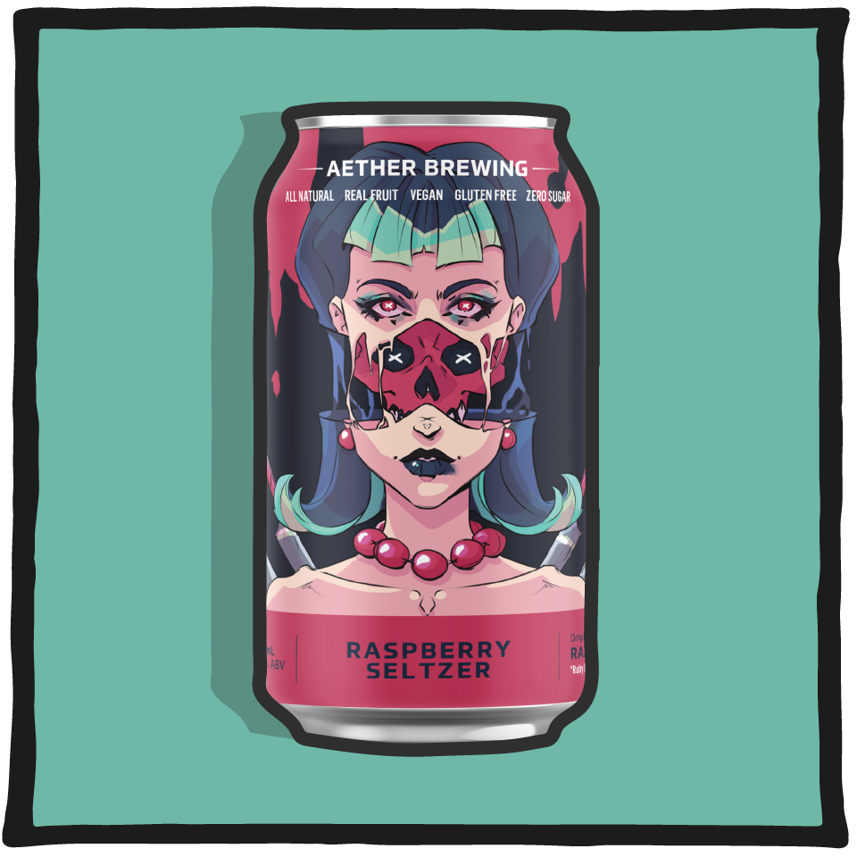 Aether Brewing Raspberry Seltzer – Brisbane raspberry-flavoured alcoholic seltzer on a pink background