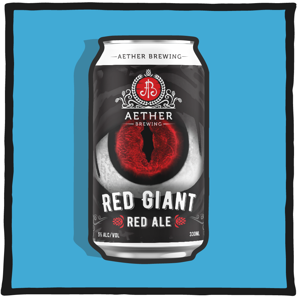 Aether Brewing Red Ale Red Giant – Brisbane red ale with malt sweetness and hop balance on a blue background
