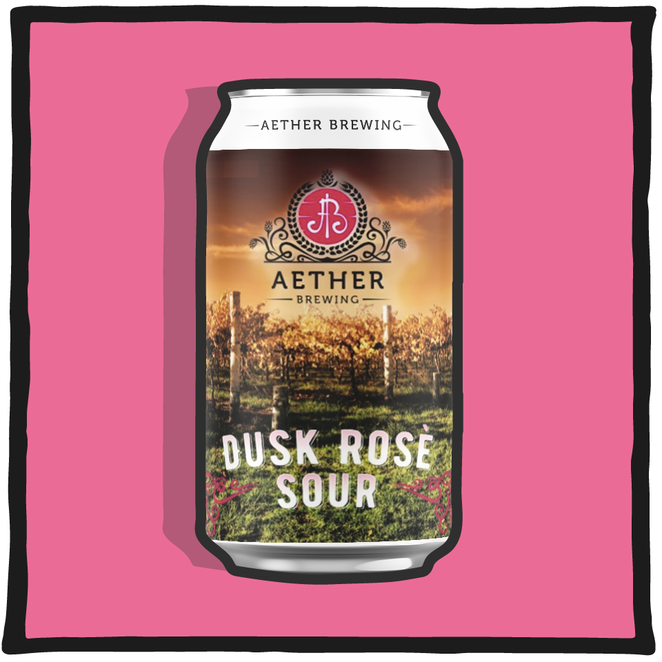 Vintage Aether Brewing Dusk Rose Sour beer can on a pink background
