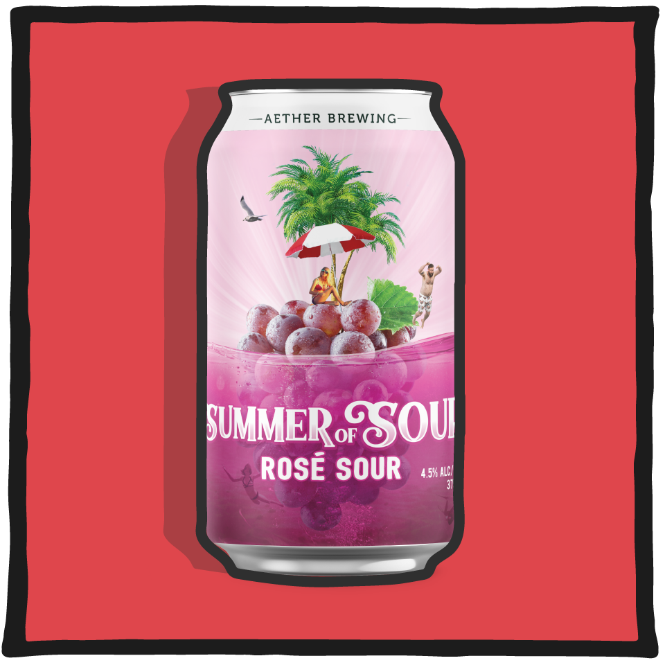 Aether Brewing Rosé Sour part of the Summer of Sour series – Brisbane rosé-inspired sour beer with floral and fruit notes on a red background