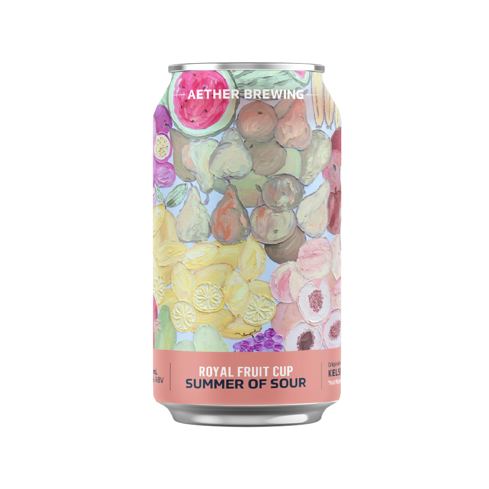 Aether Brewing Royal Fruit Cup Cocktail Sour – refreshing herbaceous cocktail-inspired sour – craft beer can with acrylic on canvas art by best Australian artist Kelsie Rose, New South Wales – limited edition Australian craft beer
