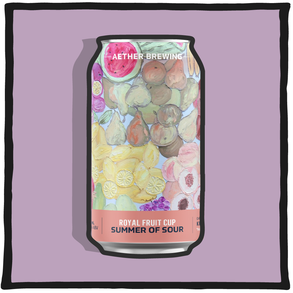Aether Brewing Royal Fruit Cup – Brisbane fruit ale inspired by a classic English fruit cup with spice and citrus on a lavender background