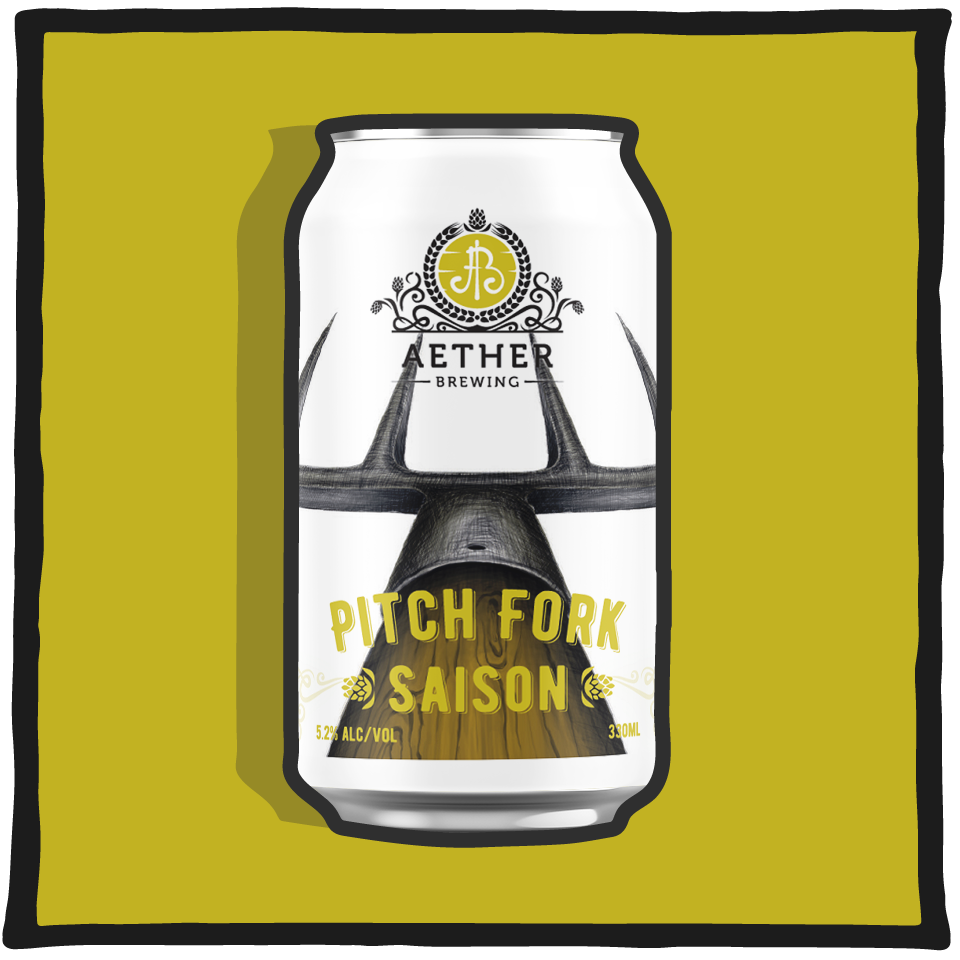 Aether Brewing Saison Pitch Fork – Brisbane saison with peppery yeast character and dry finish on a yellow background