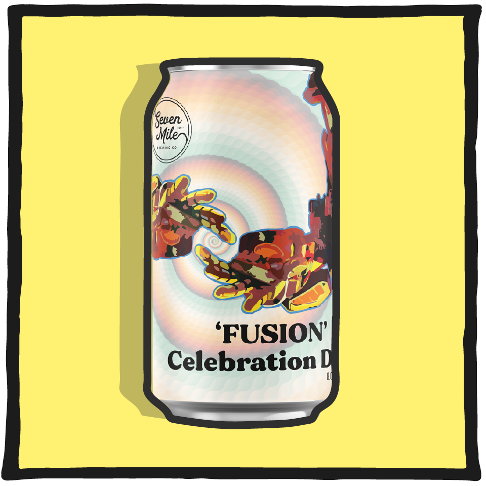 Aether Brewing Seven Mile Collab Fusion – Brisbane collaboration beer with Seven Mile Brewery featuring tropical hops on a yellow background