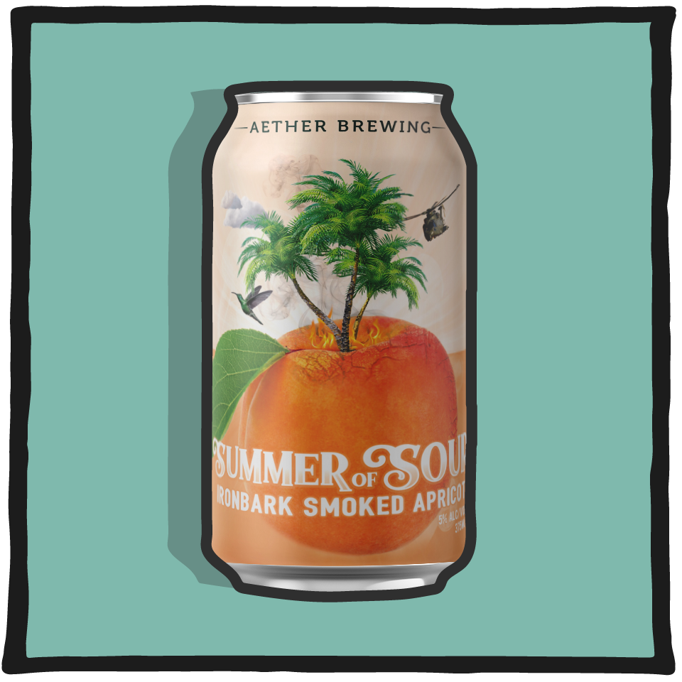 Aether Brewing Smoked Apricot Sour Summer Ironbark – Brisbane smoked sour beer with apricot flavour on a teal background