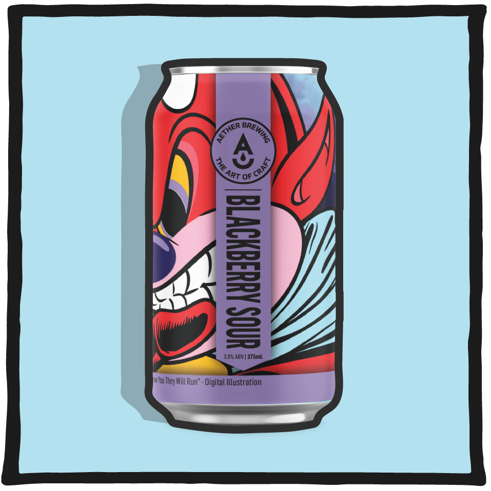 Aether Brewing Sour Blackberry Beer V2 – Brisbane sour ale brewed with blackberry on a light blue background